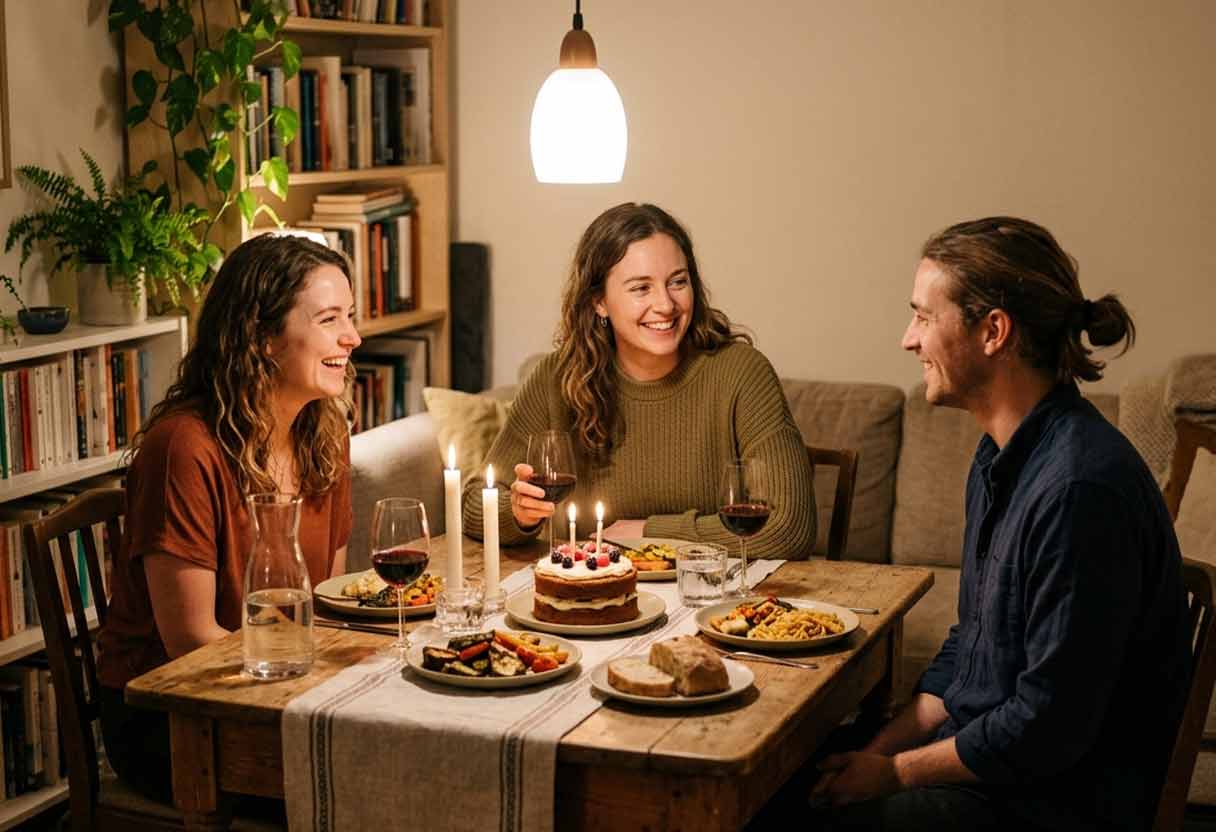 Three friends in casual clothing enjoying a quiet, intimate birthday dinner with simple food and wine around a wooden table in a warmly lit home environment.