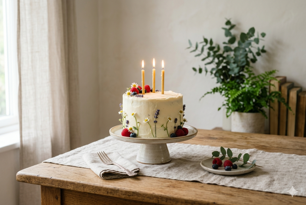 A small, frosted birthday cake with three lit candles sits on a rustic wooden table, decorated simply with fresh berries and delicate wildflowers, in a calm, naturally lit setting.