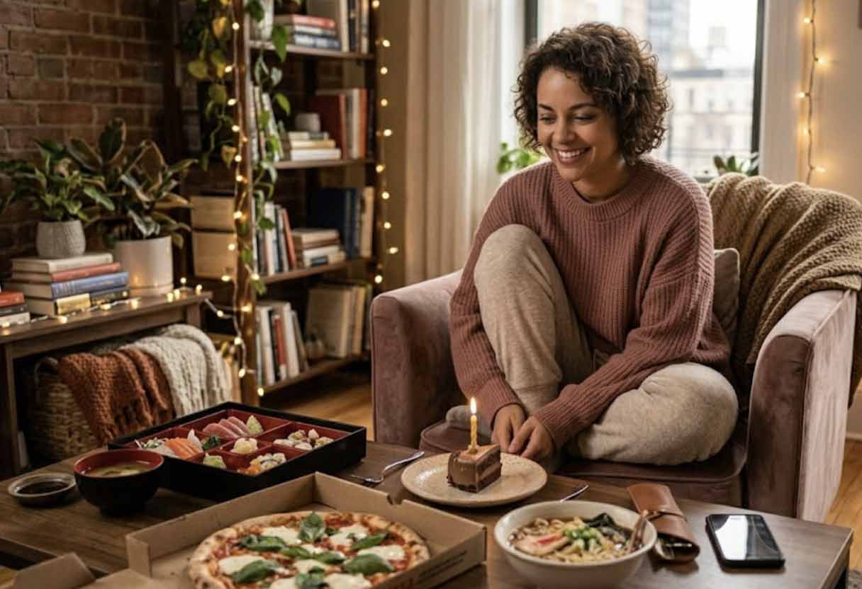 A realistic photo of a person enjoying a quiet birthday evening at home, with premium takeout and a cake slice on the coffee table under warm fairy lights.
