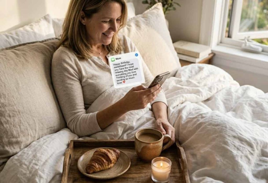 A realistic photo of someone in bed under soft morning light, looking at a birthday text on their phone next to a coffee and pastry tray.