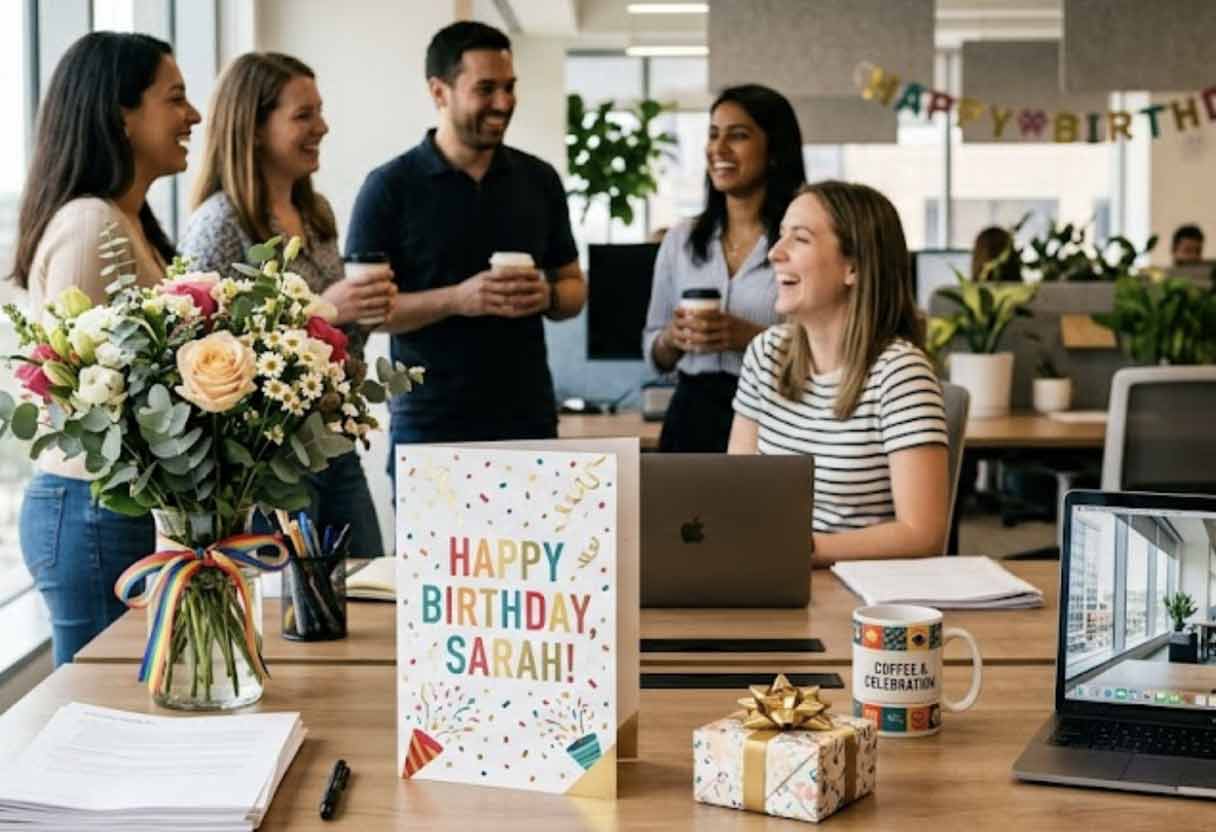 A celebratory office desk with a large bouquet, a 'Happy Birthday, Sarah!' card, a gift, and an open laptop.