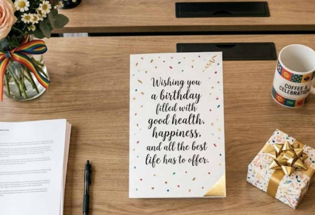 Top view of a birthday card on an office desk with well-wishes text.