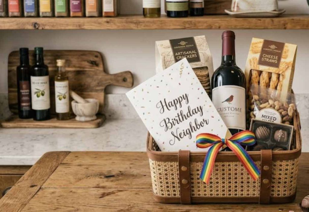 A gift basket filled with wine, snacks, and a birthday card that reads, 'Happy Birthday Neighbor.