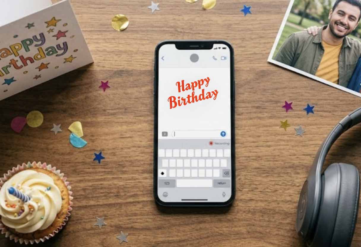 An overhead photograph of a smartphone displaying a birthday message on a wooden desk, surrounded by a birthday card, a cupcake, confetti, a friendship photo, and headphones.