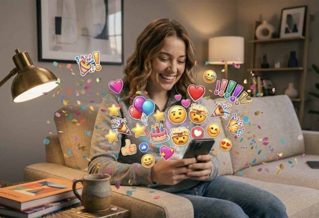 A realistic photo of a person holding a smartphone that is surrounded by an overwhelming cloud of birthday emojis, stickers, and confetti, looking mildly stressed.