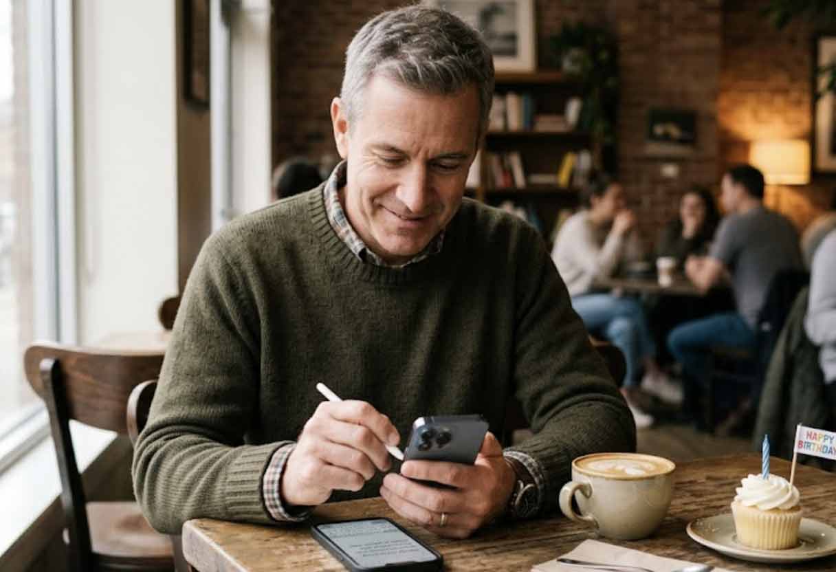 A man smiles while writing on his phone at a café table, next to a coffee and a cupcake with a birthday flag.