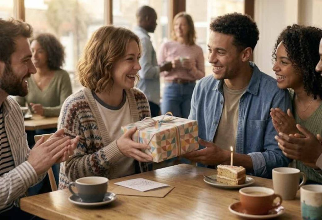 A group of friends celebrating a birthday at a café table as a man passes a wrapped gift to a smiling woman while others clap.