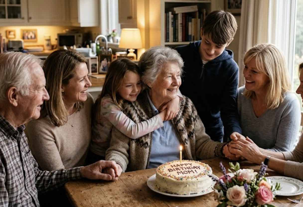 A realistic, warm photograph of an elderly mother smiling at her birthday cake, surrounded by her loving family holding her hands around a cozy dining table.
