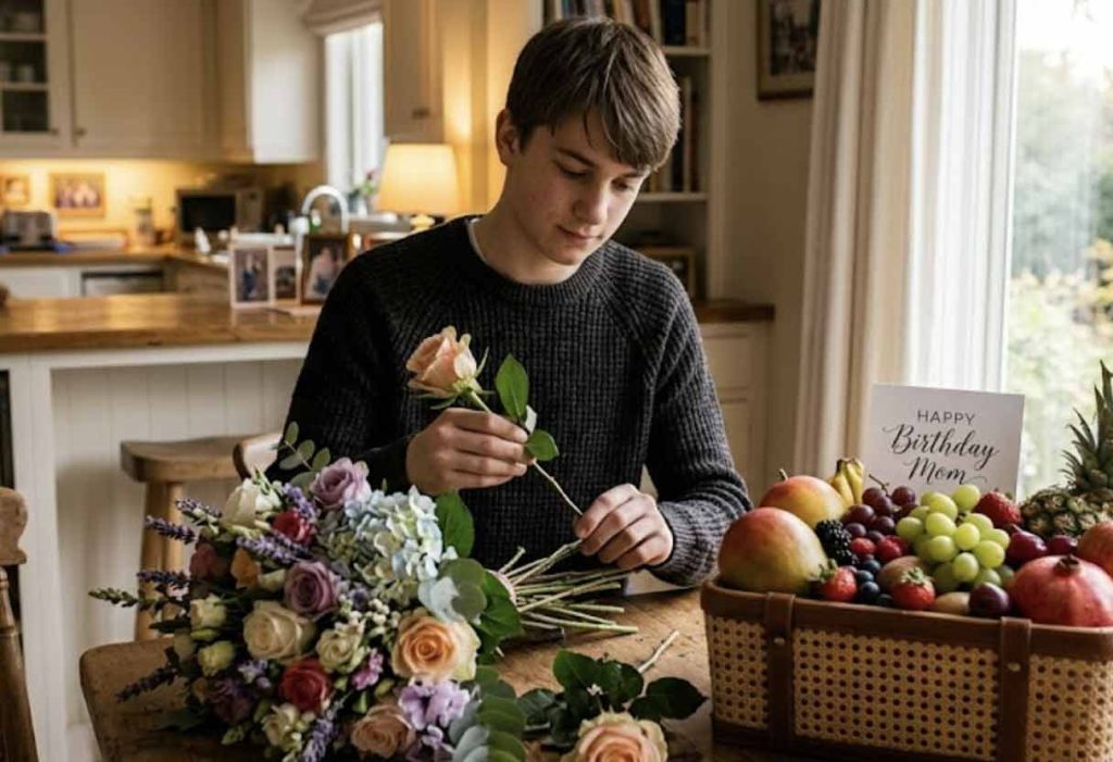 A son preparing a gift of a fresh fruit basket and a bouquet with a 'Happy Birthday Mom' card.