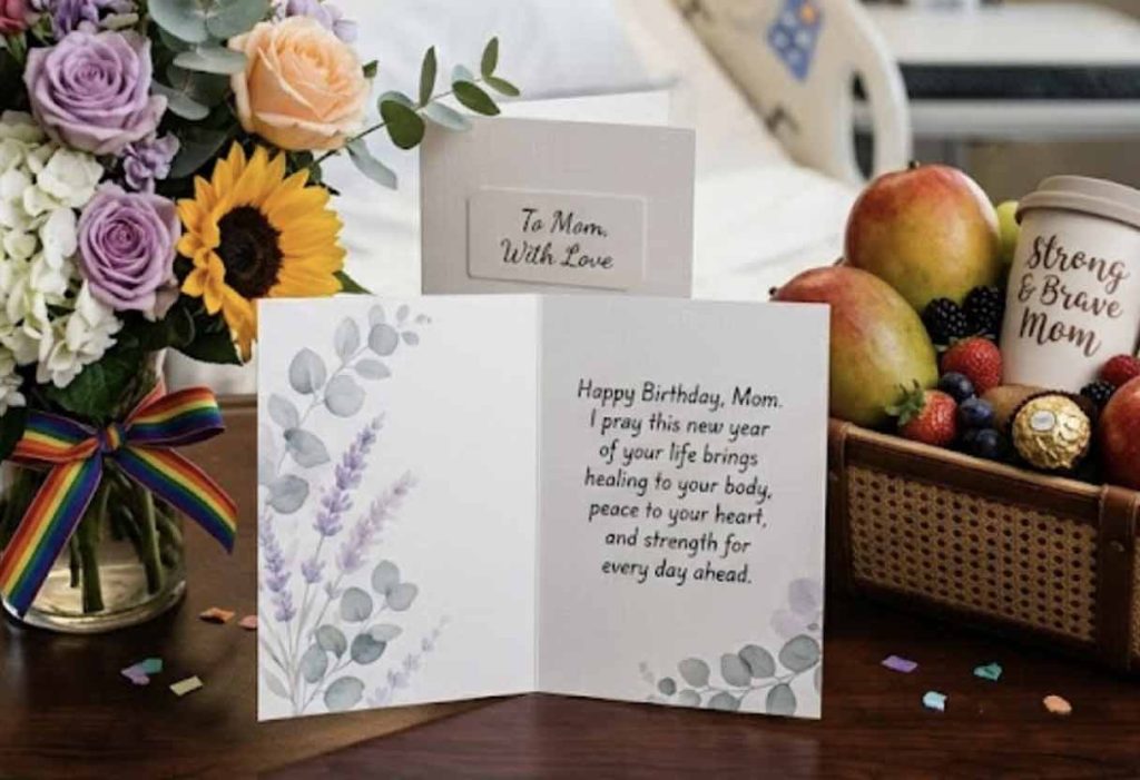 Top view of a birthday card on a hospital room table next to flowers and a recovery basket