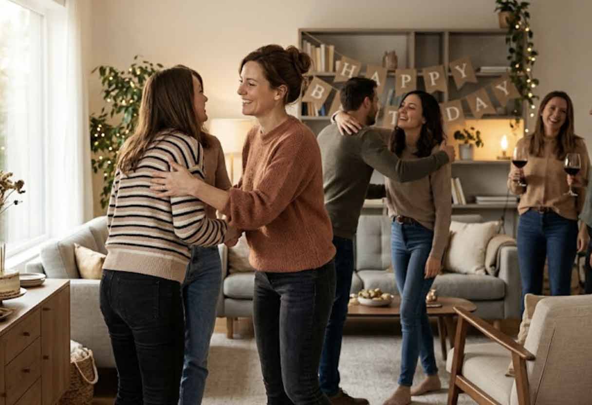 A photorealistic lifestyle photo of a smiling birthday host welcoming arriving guests with hugs in a stylish living room with a simple cake and tasteful decorations.
