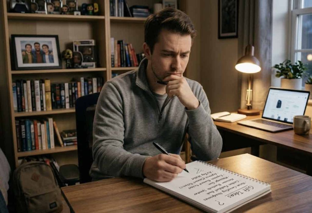 A person sitting at a desk in their room, thoughtfully writing on a paper labeled 'Gift Ideas' for a friend's birthday.