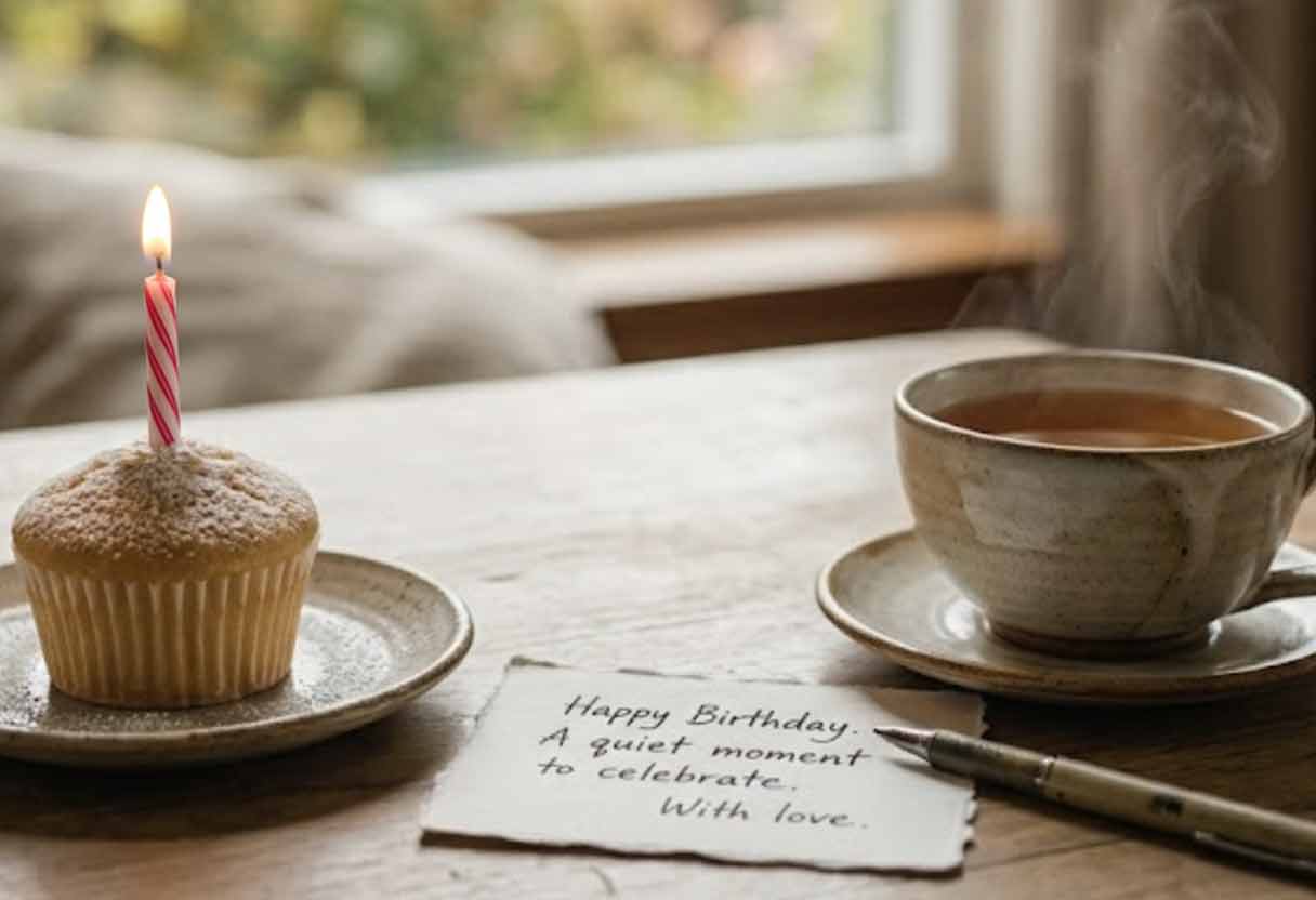 A realistic, peaceful photo of a handwritten birthday note, a single cupcake, and a warm cup of tea on a wooden table, lit by soft window light.