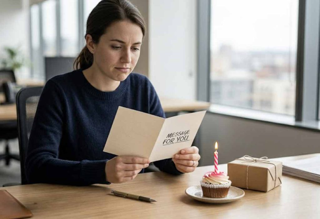An office worker at their desk, quietly looking at a minimalist birthday card next to a single cupcake and a small gift.