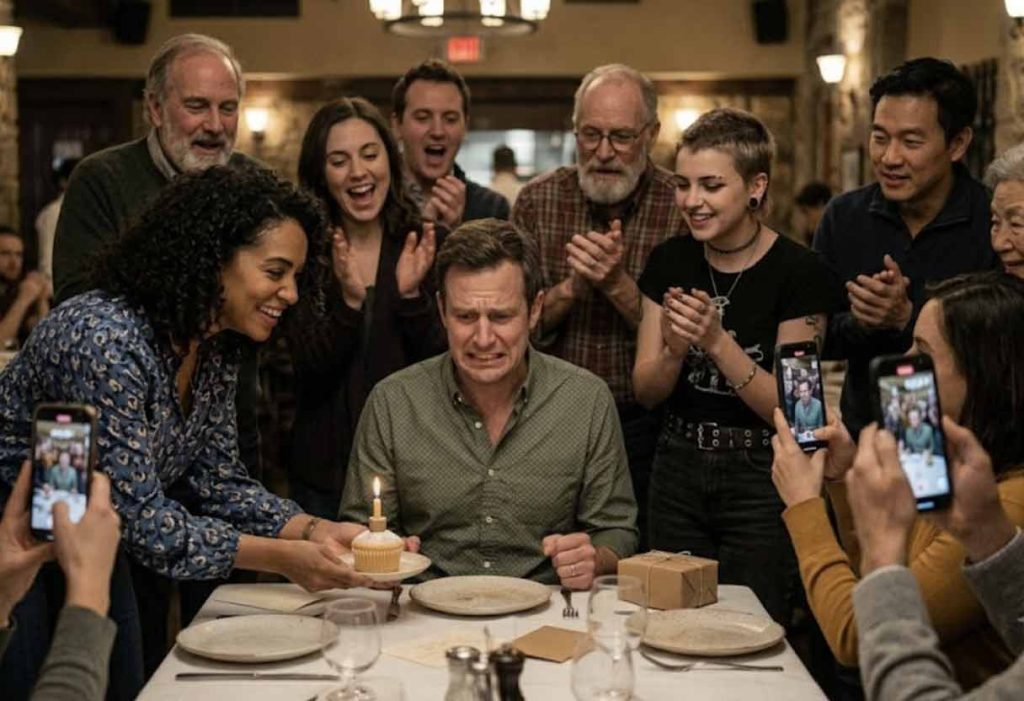 An uncomfortable birthday celebrant at a restaurant table, surrounded by people clapping, filming on phones, and presenting a birthday cake.