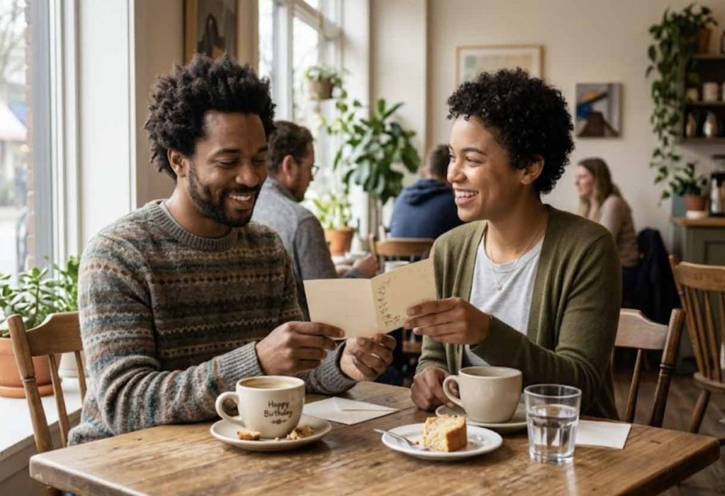 Two friends sharing a quiet, simple birthday coffee at a cafe table while one offers a small card.
