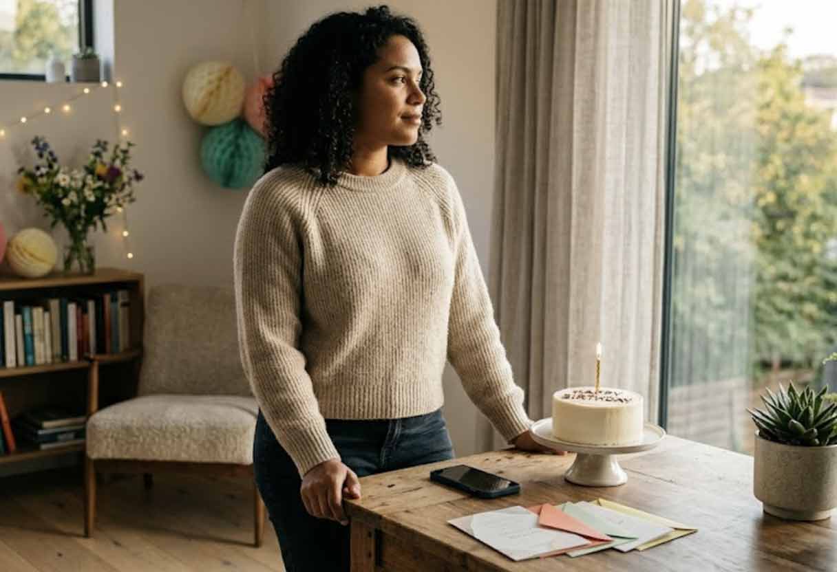 A person calmly standing by a small table with a birthday cake, a face-down phone, and unopened invitations in a peaceful, sunlit room.