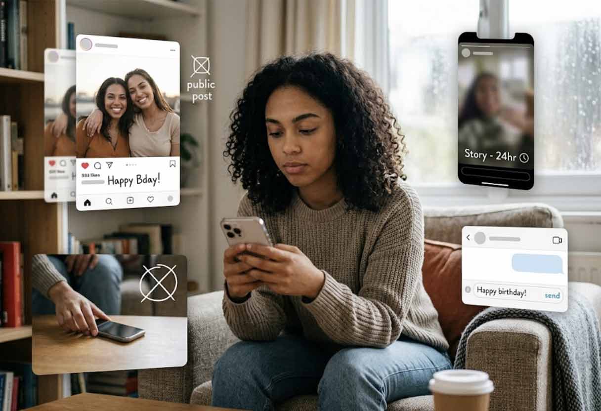 A thoughtful young adult sitting in a sunlit living room with a smartphone, surrounded by four subtle visual representations of different birthday greeting options.