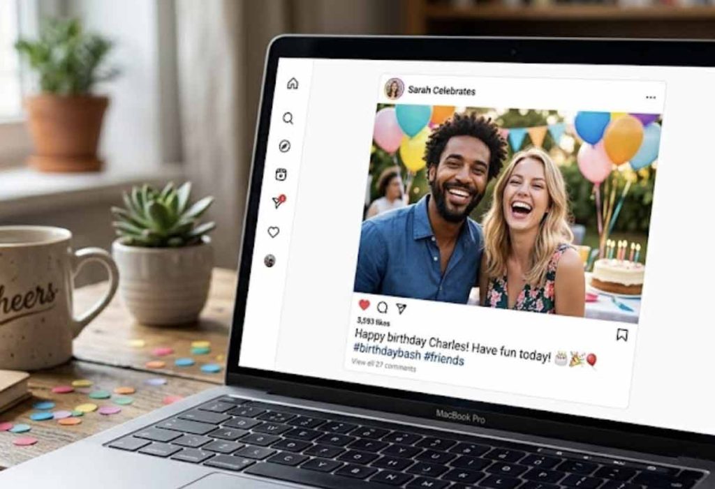 A laptop screen displaying a social media birthday post with a photo of two people and the text, "happy birthday Charles! Have fun today!