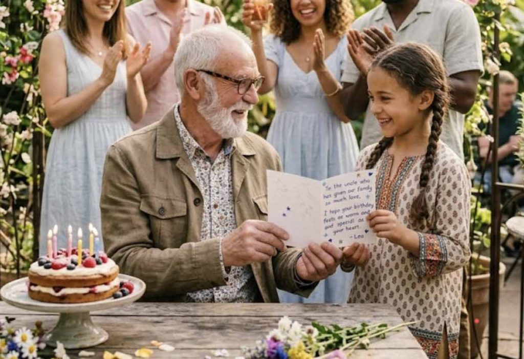 An older man receives a birthday card from a girl at a tropical garden party with friends.