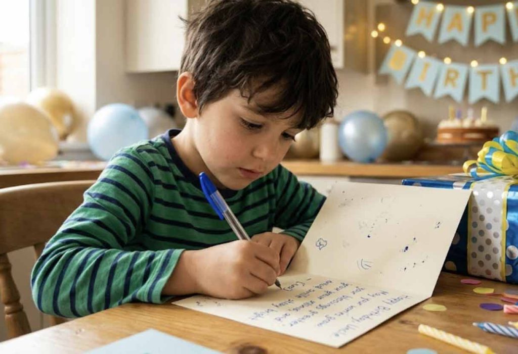 A young boy in a striped shirt writing a birthday card at a wooden table next to a blue wrapped gift,