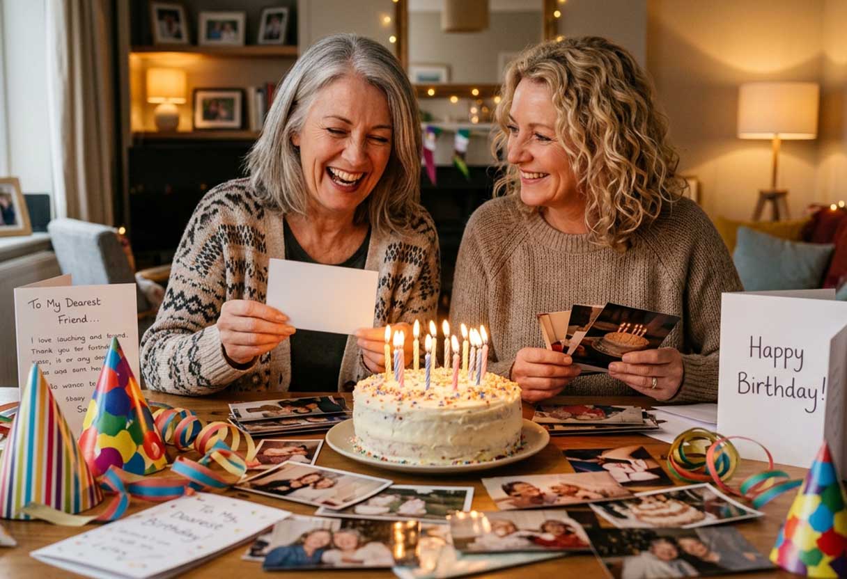 Two adult friends laugh together over old photographs at a cozy birthday table with a homemade cake and party decorations