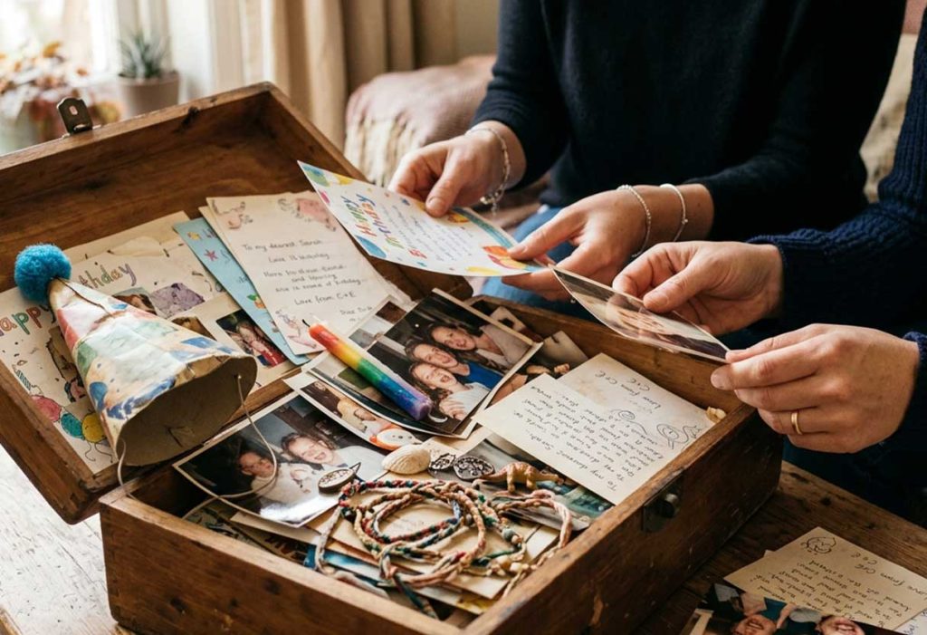 Close-up of two people looking through a decorated birthday keepsake box filled with party mementos.