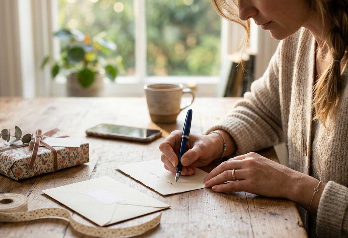 A person writes a heartfelt birthday card with a fountain pen at a sunlit wooden table next to a wrapped gift.