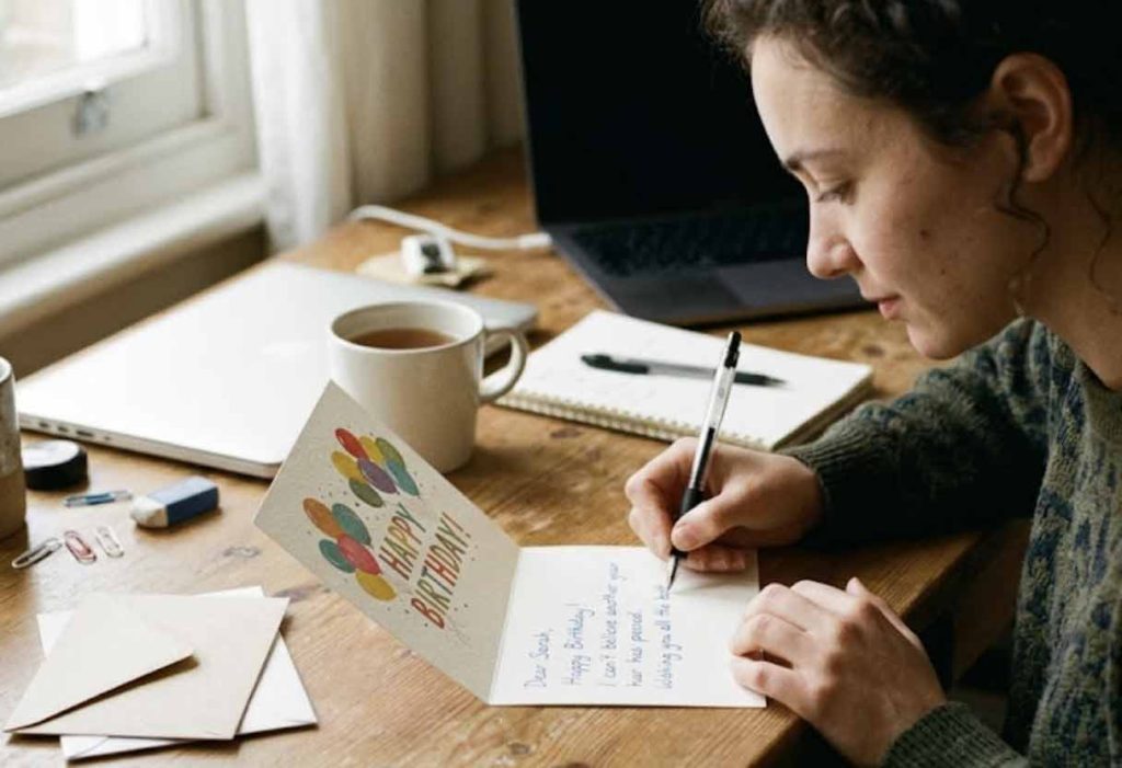 A person hand-writing a birthday letter on a card at a desk.