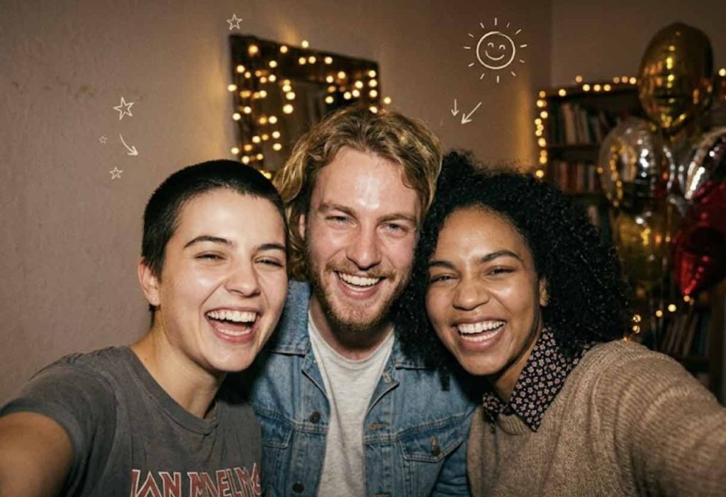 Three friends laughing and taking a spontaneous late-night phone selfie amidst party decorations and subtle star doodles.