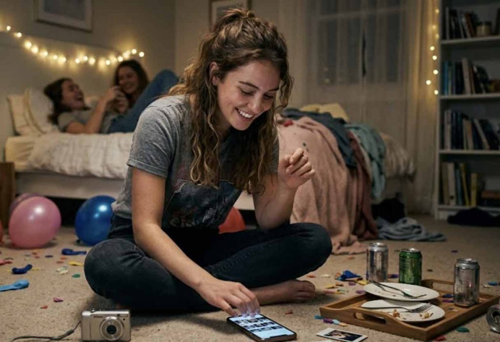 A young adult using their phone on a messy bedroom floor littered with party remnants, gifts, and glowing fairy lights in a nostalgic late-night setting.