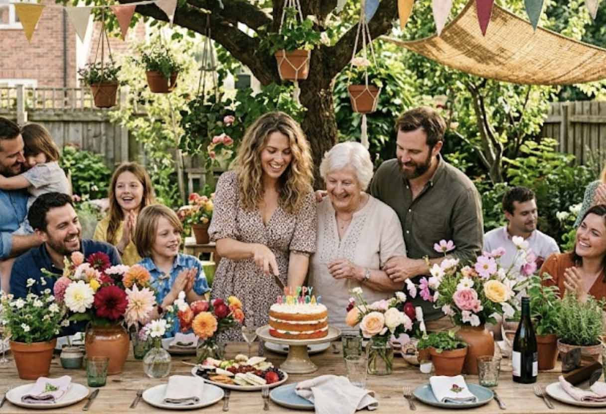 A sunlit backyard birthday party with family gathered around a beautifully styled table decorated with fabric bunting and zero-plastic, sustainable elements.