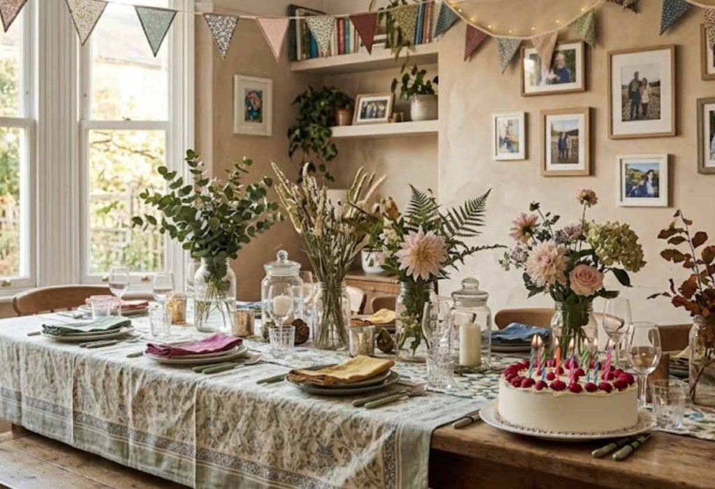 A cozy, sustainably decorated birthday dining room with fabric bunting, string lights, and reusable table settings.