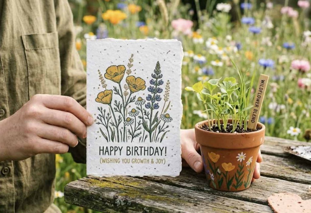 A hand holding a plantable seed-paper card beside a small terracotta pot of green seedlings.