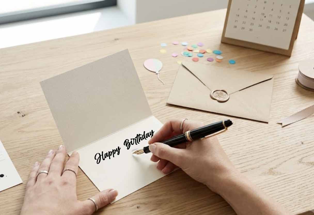 Overhead photorealistic view of a person using a fountain pen to write inside a folded birthday card at a tidy desk with an envelope, ribbon, and small calendar.