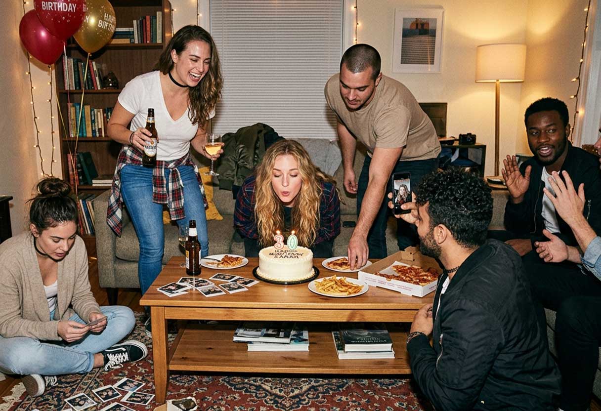 Friends recreating a nostalgic 2016-style birthday party with cake, selfies, and throwback décor