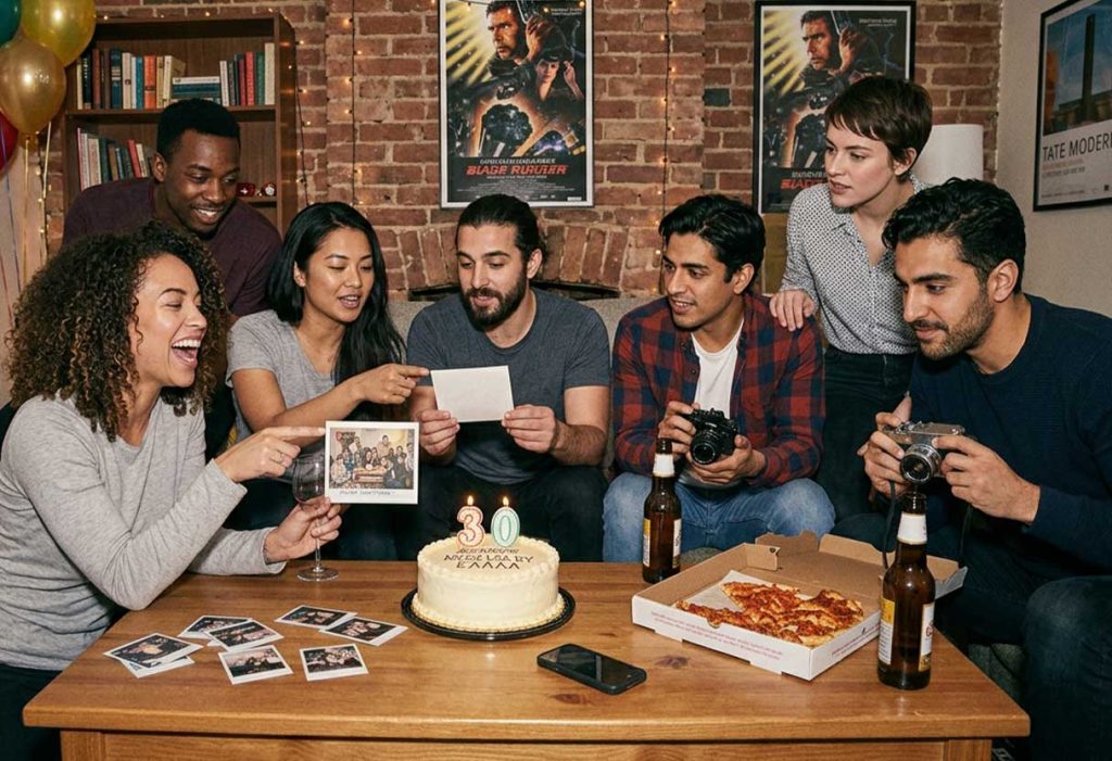 Friends recreating an old birthday photo ten years later, comparing poses and laughing