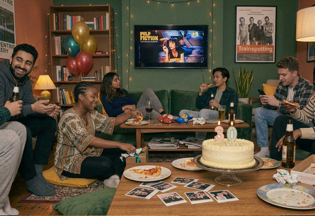 Casual birthday gathering with a homemade cake, friends, and an imperfect lived-in setting