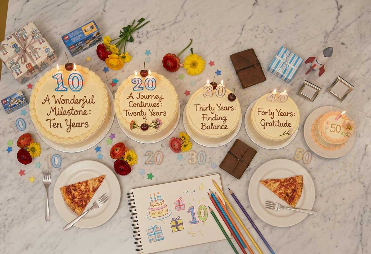Small personalized birthday cake on an intimate table with candles, gifts, and flowers