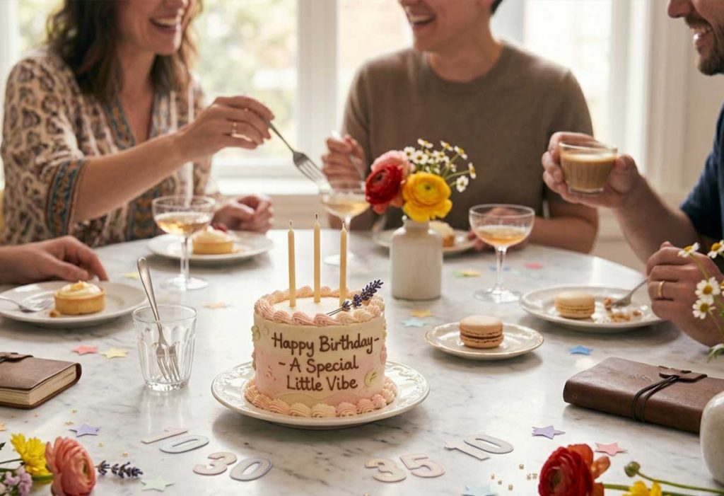 Refined minimalist birthday table with a mini cake, desserts, flowers, candles, and four friends.