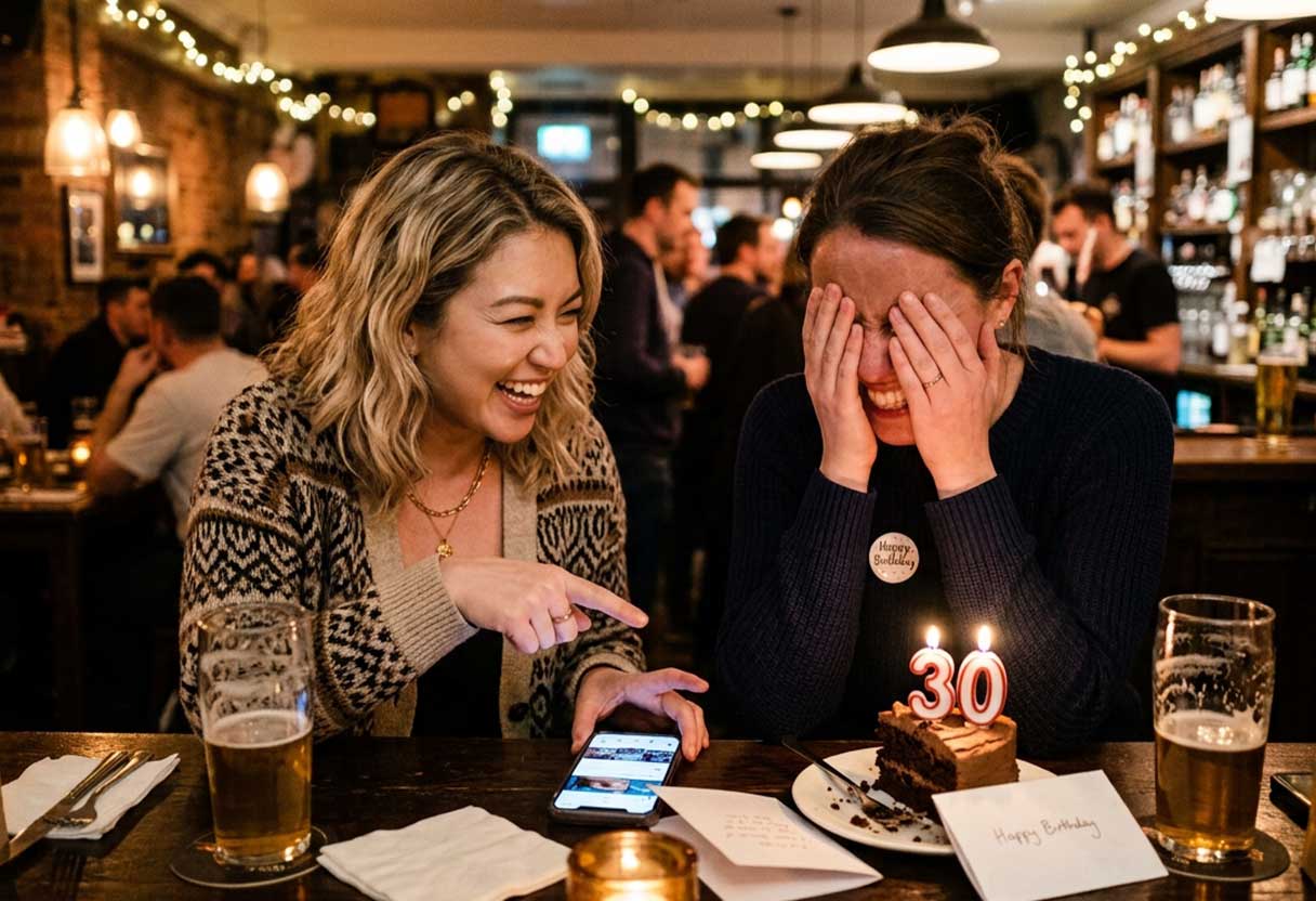 Two best friends at a bar laugh as one jokingly points at a phone while the birthday friend covers their face in playful embarrassment.
