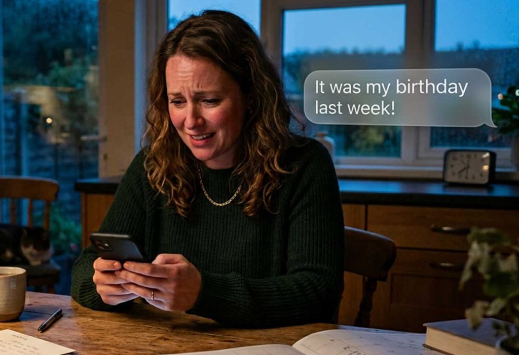 A person with a concerned expression types a late-night apologetic text message next to a belated birthday card and gift.