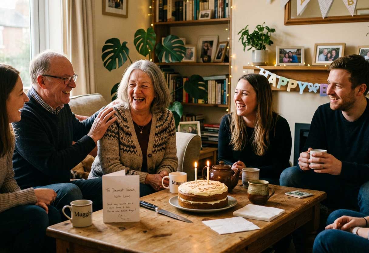Family and friends laugh around a homemade birthday cake in a sunlit, cozy living room.