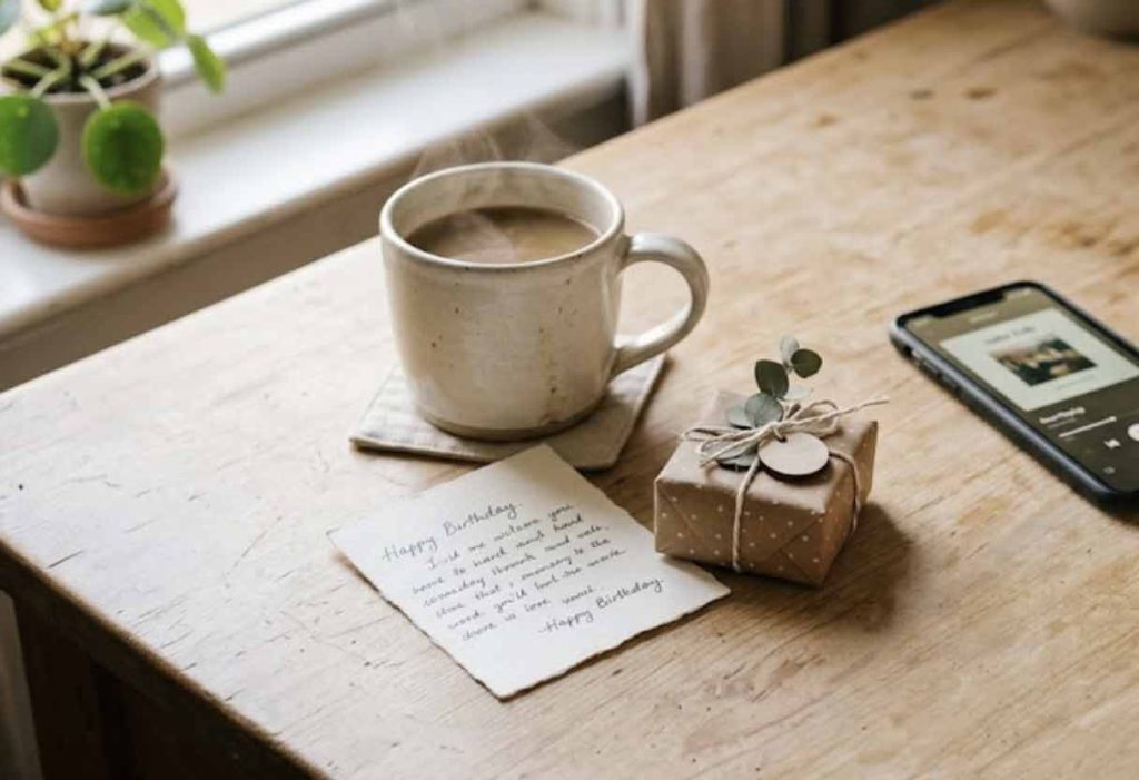 Close-up of a kitchen table with a handwritten note, coffee, a small gift in morning light.