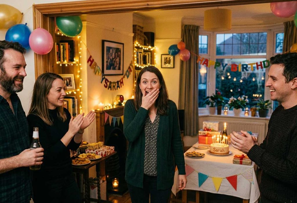 A person reacts with genuine shock and joy as friends and family throw a surprise birthday party in a warmly decorated room.