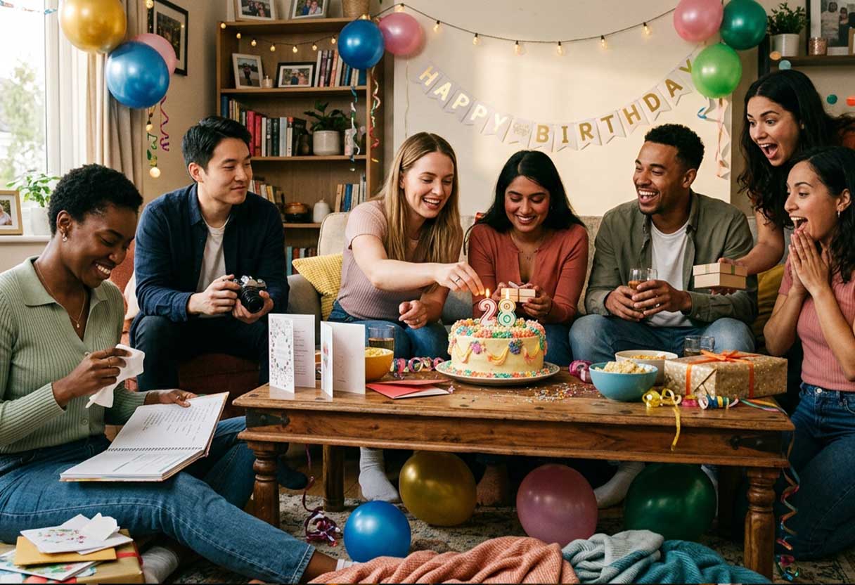 A candid, wide shot of five family members laughing around a coffee table with a homemade cake, warm window light, and cozy home decor.