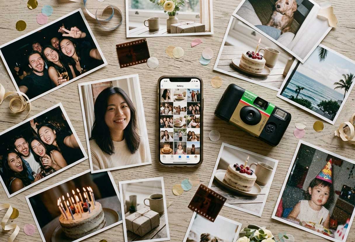 A casual flat-lay of candid birthday memories and photos.