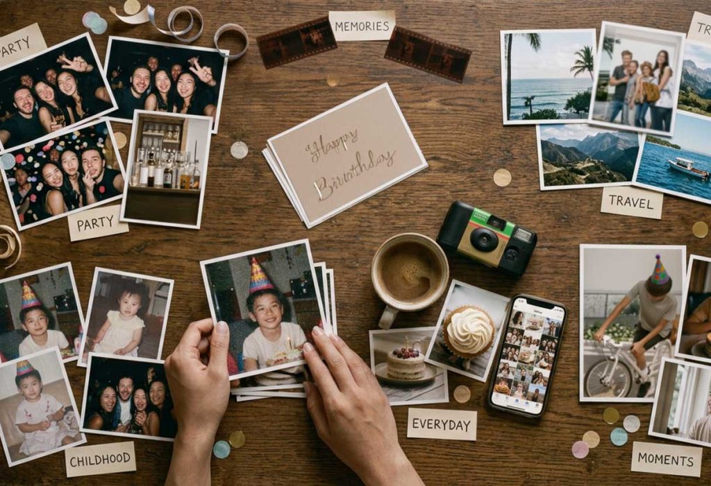 Hands arranging birthday photos by mood on a table