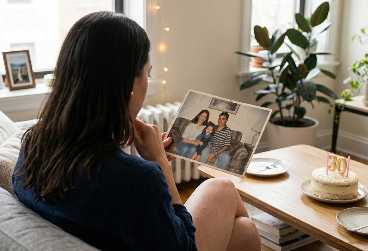 Adult reflecting on an old family photo beside a birthday cake
