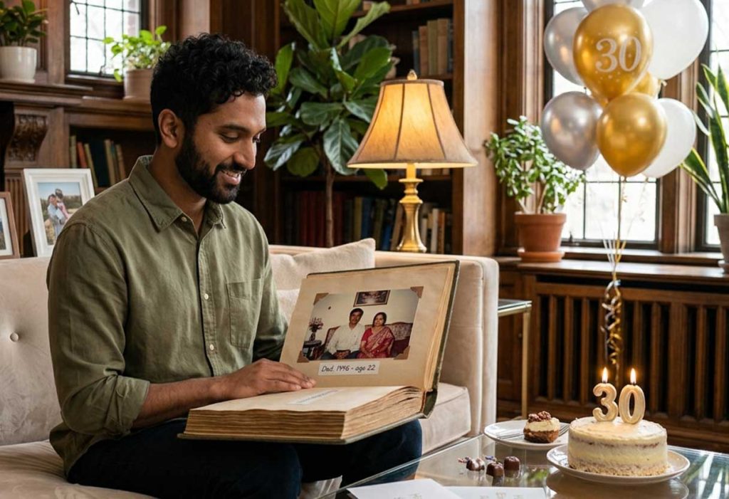 Adult reflecting on an old family album beside a 30th birthday cake.
